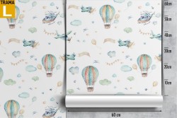 Children's wallpaper with hot air balloons and airplanes.