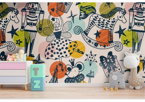 Children's wallpaper with nutcracker and ballerina characters.