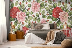 Carta da Parati decorazione fiori rose rosse.
