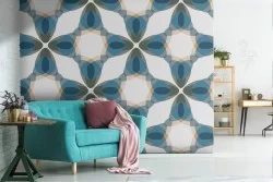 Vintage geometric decoration wallpaper in light blue.