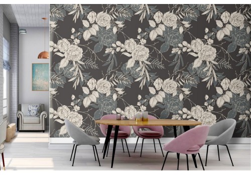 White flowers vintage nature pattern wallpaper.