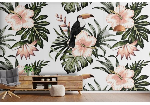 Tropical flowers and leaves nature pattern wallpaper.