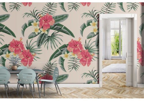 Tropical flowers and leaves wallpaper nature pattern.