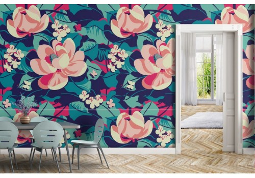 Pink flowers wallpaper modern nature design.