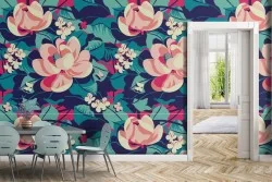 Pink flowers wallpaper modern nature design.