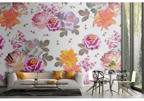 Carta da Parati fiori rosa e arancione pattern moderno.