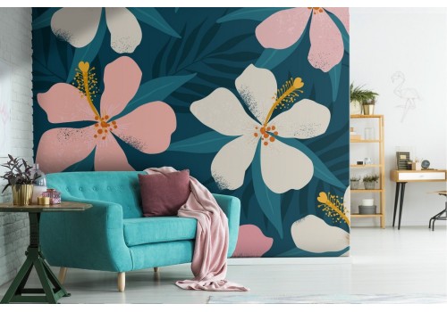 Modern nature wallpaper with pink and white flowers.