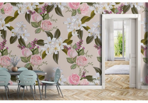 Carta da Parati fiori rosa e bianchi natura vintage.
