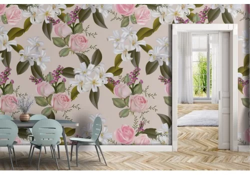 Carta da Parati fiori rosa e bianchi natura vintage.