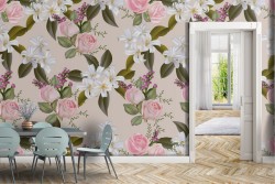 Vintage nature wallpaper with pink and white flowers.
