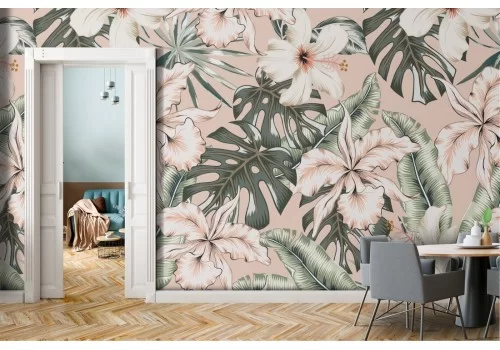 Carta da Parati fiori rosa e foglie tropicali natura pattern.