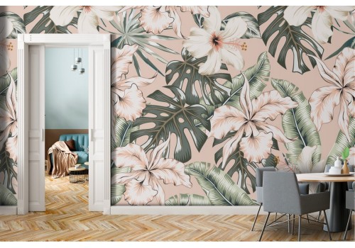 Pink flowers and tropical leaves nature pattern wallpaper.