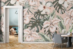 Pink flowers and tropical leaves nature pattern wallpaper.