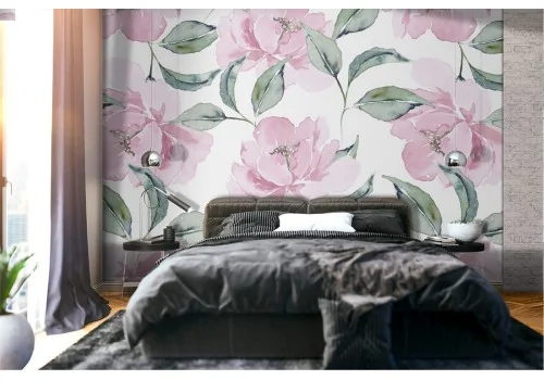Modern nature pattern pink flowers wallpaper.