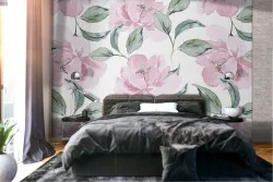 Modern nature pattern pink flowers wallpaper.