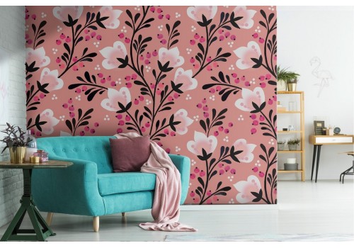 Carta da Parati fiori rosa stilizzati natura pattern.