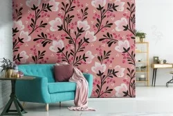Carta da Parati fiori rosa stilizzati natura pattern.