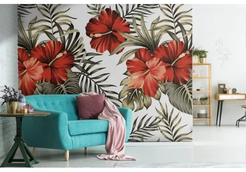 Carta da Parati fiori rossi e foglie tropicali natura.