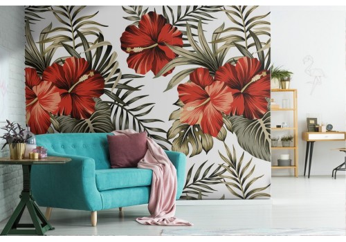 Red flowers and tropical leaves nature wallpaper.