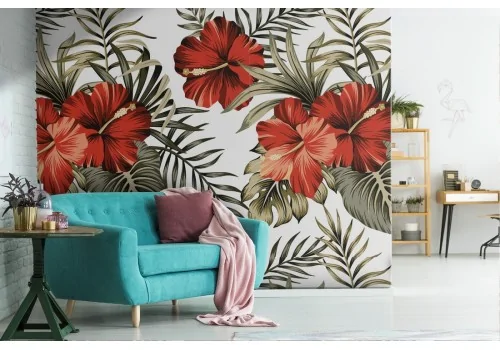 Red flowers and tropical leaves nature wallpaper.