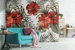 Carta da Parati fiori rossi e foglie tropicali natura.