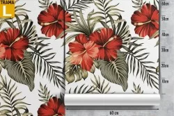 Carta da Parati fiori rossi e foglie tropicali natura.