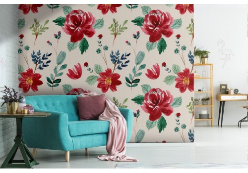 Red flowers vintage pattern nature wallpaper.