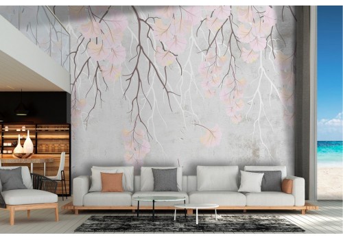 Wallpaper with concrete surface and cherry blossom flowers