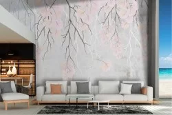 Wallpaper with concrete surface and cherry blossom flowers
