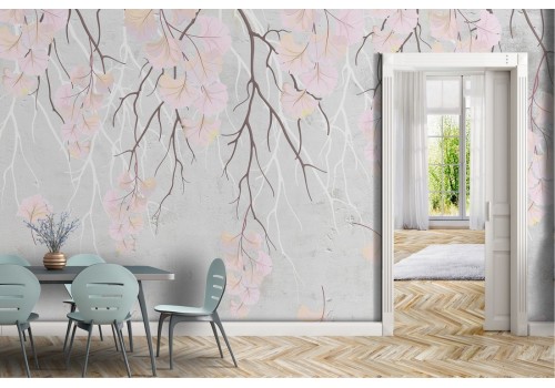 Wallpaper with concrete surface and cherry blossom flowers 2