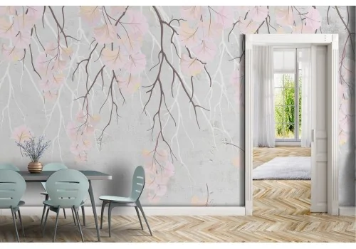 Wallpaper with concrete surface and cherry blossom flowers 2
