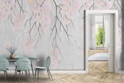 Wallpaper with concrete surface and cherry blossom flowers