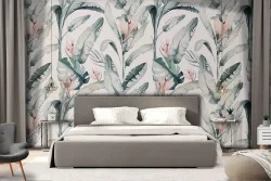 Wallpaper with tropical leaves and flowers nature pattern.