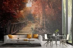 Carta da Parati foresta autunno con scala paesaggio