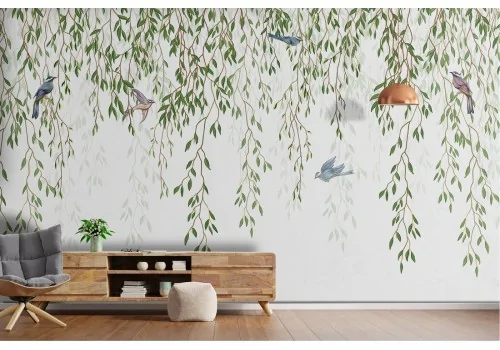 Wallpaper with green climbing leaves nature with birds