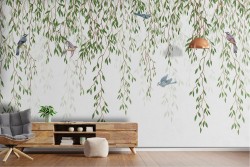 Wallpaper with green climbing leaves nature with birds