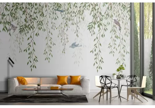 Wallpaper with green climbing leaves nature with birds 2