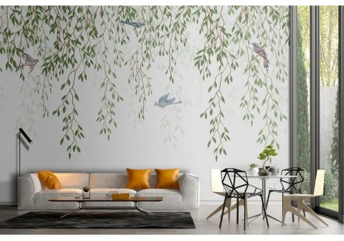 Wallpaper with green climbing leaves nature with birds 2