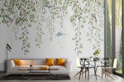 Wallpaper with green climbing leaves nature with birds