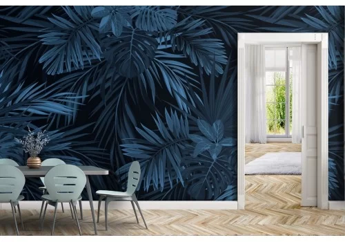 Carta da Parati natura foglie tropicali blu.