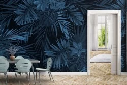 Carta da Parati natura foglie tropicali blu.