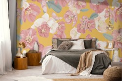 Carta da Parati natura pattern fiori bianchi e rosa.