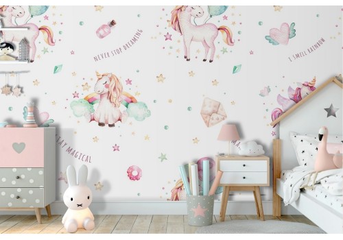 Unicorn fantasy wallpaper decoration for children.