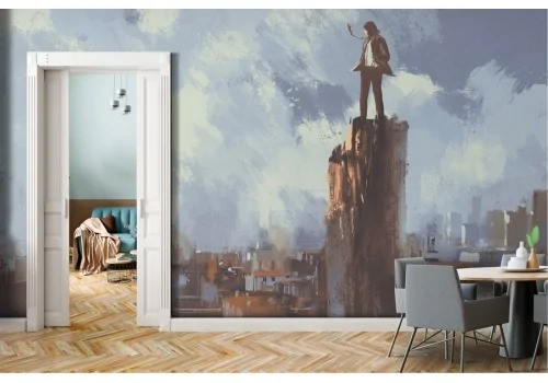 Carta da Parati uomo osserva città dipinto arte contemporanea