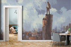 Carta da Parati uomo osserva città dipinto arte contemporanea