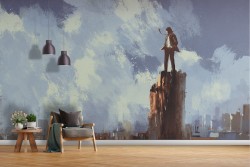 Carta da Parati uomo osserva città dipinto arte contemporanea