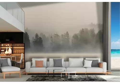 Carta da Parati lago fiume con foresta nebbia