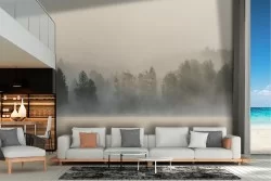 Carta da Parati lago fiume con foresta nebbia