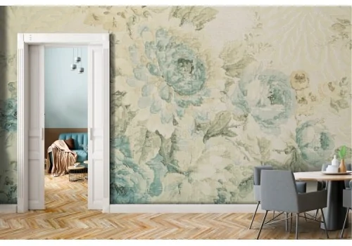 Vintage wallpaper with white and blue flowers nature