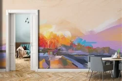 Abstract geometric landscape painted wallpaper